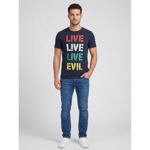 Lacoste L!VE Mens Navy Blue Live Live Live Evil Graphic T-Shirt Size 5 Large